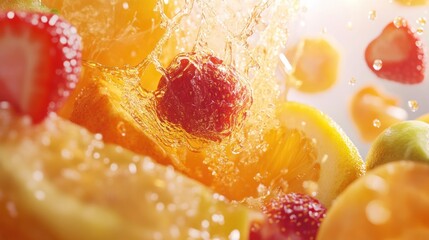 Fresh fruit splashing into juice