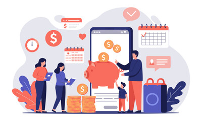 Family Financial Planning and Budgeting Illustration. Flat illustration of a family engaged in financial planning and budgeting.