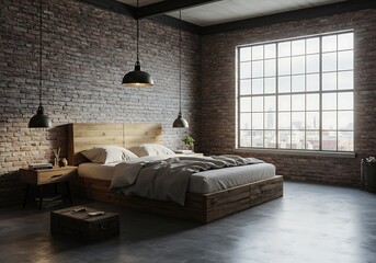 Rustic Industrial Bedroom:  Warm Wood Bed, Brick Walls, and City View