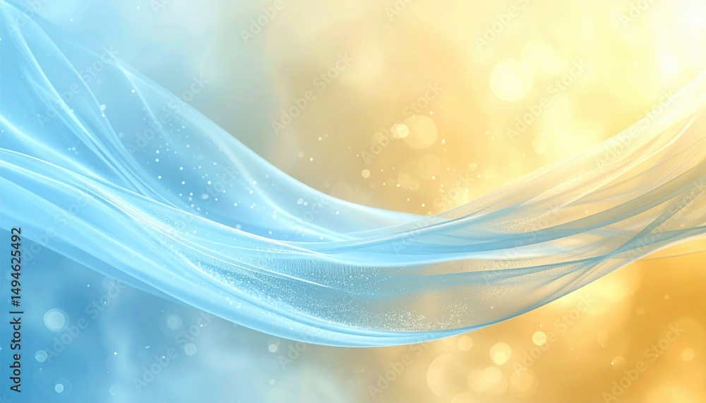Poster flowing abstract wave patterns in soft blue and gold tones digital artwork ethereal atmosphere smoot