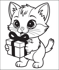 Adorable Kitten Holding a Gift Box Coloring Page