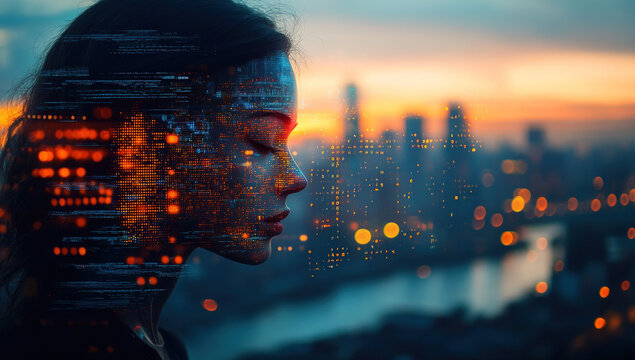 A woman contemplating a city skyline, overlaid with digital code