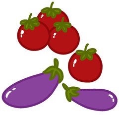 Set of vegetables illustration. Illustration of tomato and eggplant in cute style.