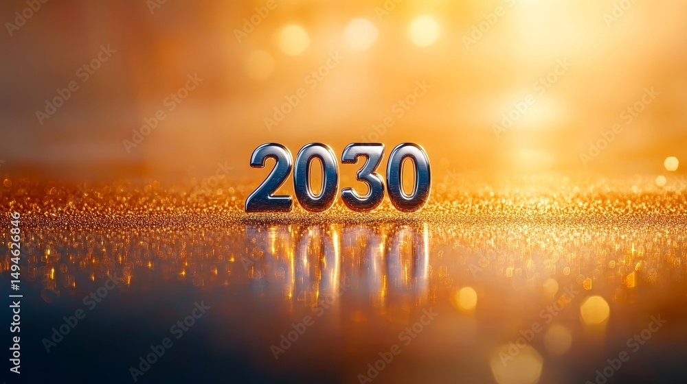 Poster year 2030 in elegant silver numbers on a sparkling reflective orange background with bokeh