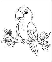 Adorable Cartoon Parrot on Branch Coloring Page Illustration