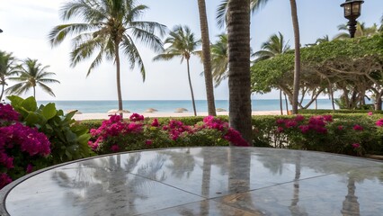 Marble Table on Tropical Beach with Palm Trees and Ocean View