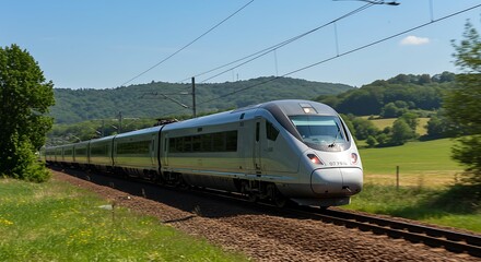 Naklejka premium Modern High Speed Train Moving Through Green Countryside on Sunny Day