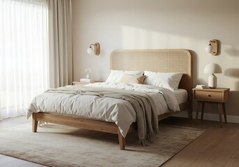 Serene Cane Bed: Minimalist Bedroom with Natural Light