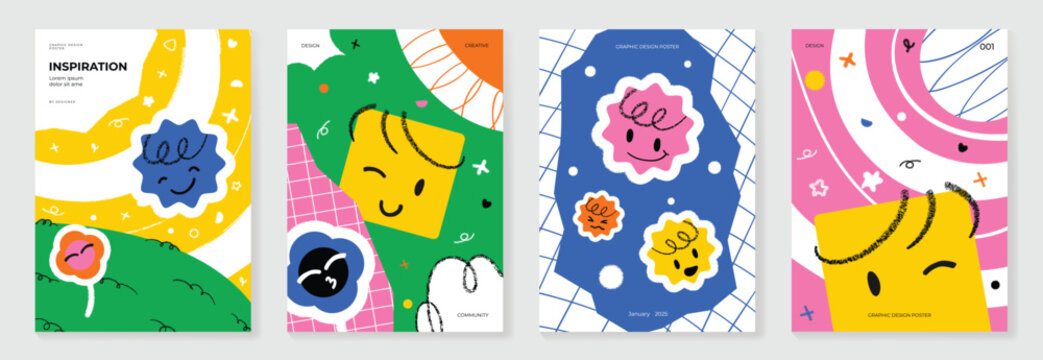 Kids and children cover design vector. Fun Childish hand drawn doodle design background with geometric funny. Playful poster design for packaging, education, wallpaper and print.