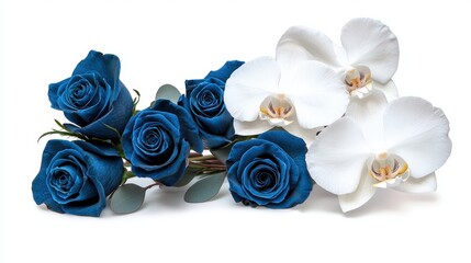 A striking contrast of deep blue roses and pristine white orchids are beautifully arranged, showcasing elegance against a clean white background for floral beauty. © Light of Art