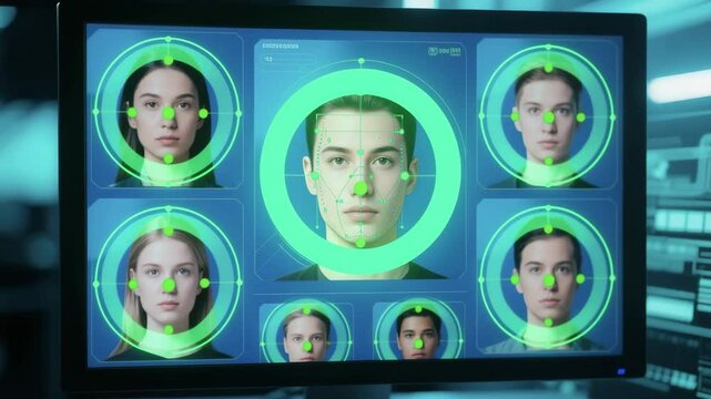 high tech facial recognition system interface with multiple faces on screen, green scanning dots pulsing, zoom on central face, digital biometric verification in progress, futuristic security display