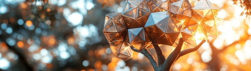 A geometric, metallic tree sculpture is illuminated by warm sunlight in a natural outdoor setting.