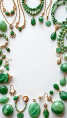 Display an assortment of elegant green jewelry fashion showcase decorative display luxurious environment close-up view artistry concept