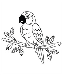 Adorable Parrot on Branch Coloring Page Illustration