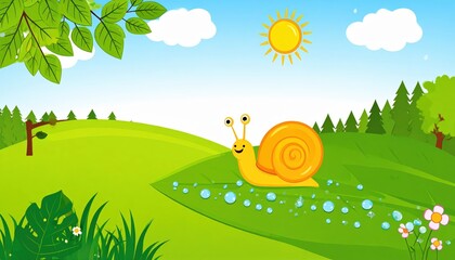 Smiling yellow snail in a grassy landscape scene.