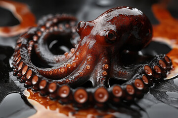 Octopus perched on black surface.