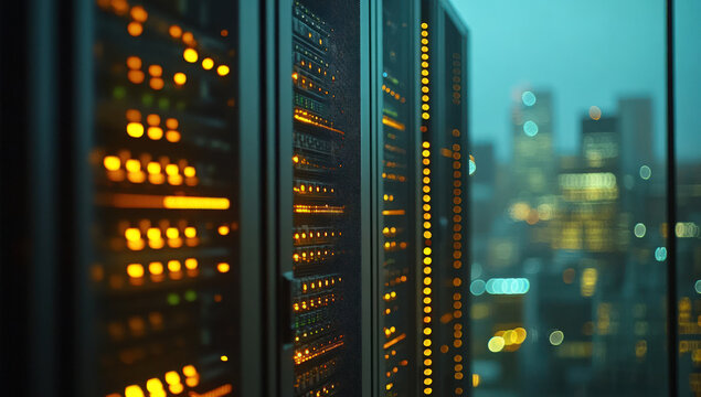 Server racks in a city data center at night