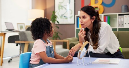 Mirror, speech therapy and help with woman and girl for language assessment, sound and teaching....