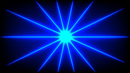 Fototapeta premium Radiant blue laser beams burst symmetrically from a glowing center against a dark background