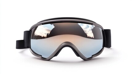 Gray and black ski goggles with mirrored lenses reflecting a snowy landscape and sunset sky, isolated on white
