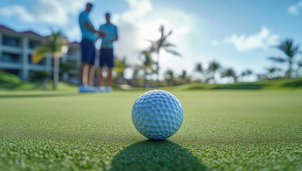 Golf ball on a manicured green. Two golfers in the background