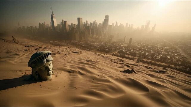 A Deserted Cityscape featuring a Giant Statue Head in a Dystopian Future