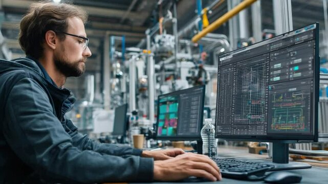 Precision in Production: A focused technician, immersed in data, meticulously monitors a pair of computer screens within a bustling industrial setting.