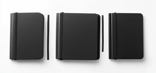 A photorealistic mockup of a black leather notebook set against a light grey background