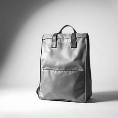 A school bag floating slightly above a white surface, casting a subtle shadow, minimalist concept representing back-to-school season."