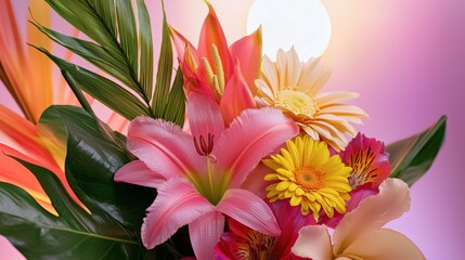 A vibrant floral arrangement featu lilies, gerberas, and tropical leaves is beautifully illuminated against a soft, gradient pink and orange background.
