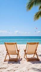 Fototapeta premium Beachside serenity two deck chairs facing the ocean tropical paradise relaxation scene sunny day peaceful atmosphere