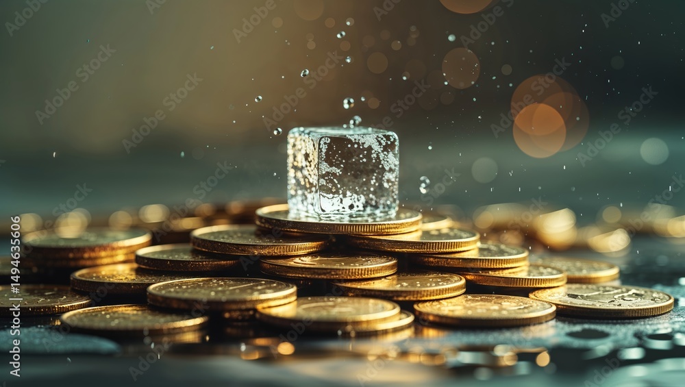Poster coins surrounded by splashes of water and an ice cube resting on a pile in a dimly lit setting