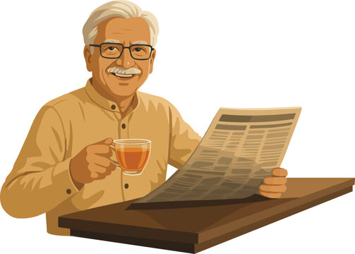 Indian old man with tea and newspaper vector illustration