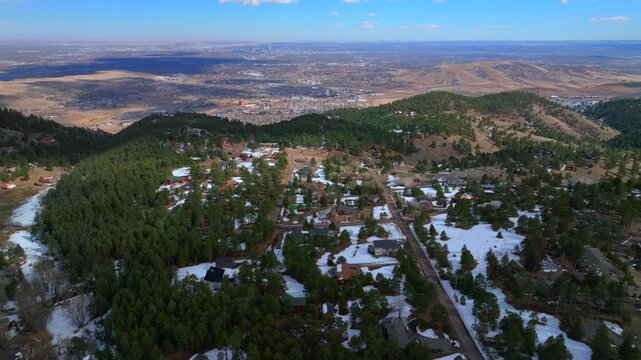 Lookout Mountain Genesse Morrison Evergreen aerial drone view Colorado Golden Gate Canyon power lines winter sunny cloudy afternoon Buffalo Bills Grave blue sky Boulder Denver city circle right motion