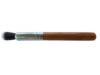 A close-up of a makeup brush with a wooden handle and soft bristles on white background 
