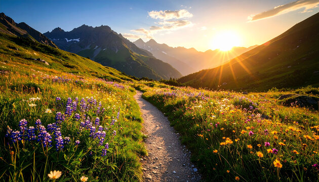 Serene mountain hiking path surrounded by colorful wildflowers, soft sunlight. Beautiful landscape
