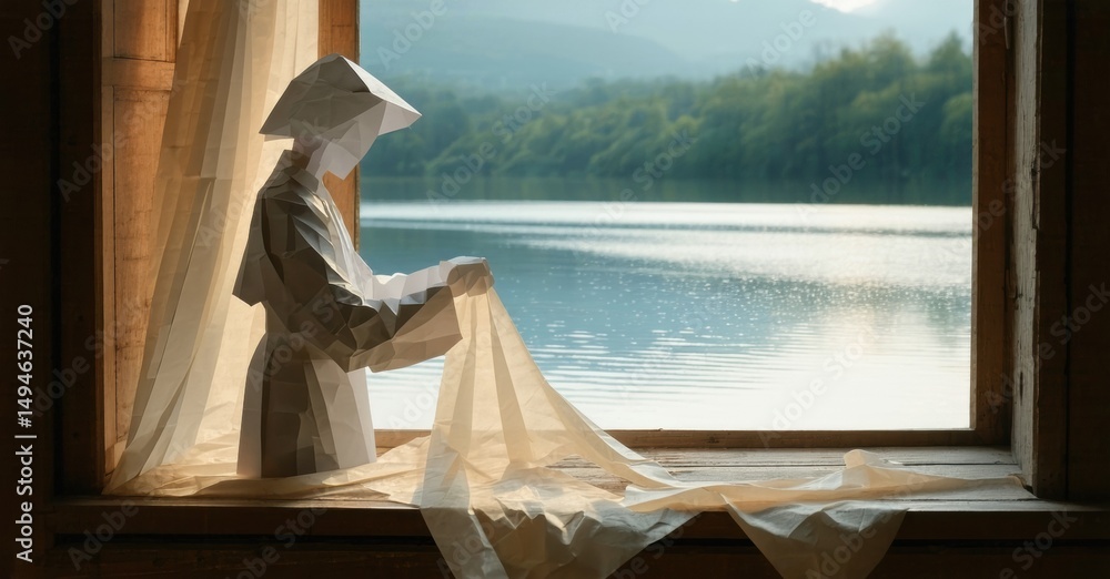 Poster paper figure stands window, views calm water, distant hills. soft light filters through sheer curtai