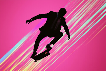 Obraz premium Businessman Skateboarding Silhouette. A silhouette of a man skateboarding in a suit with a pink, dynamic background. Perfect for modern, dynamic business or sport themes.