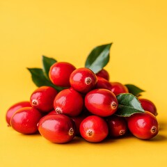 Pile of Fresh Red Cranberries with Green Leaves Isolated on a Vibrant Yellow Background.