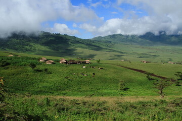 Maasai village at the hills of Ngorongoro in Tanzania 