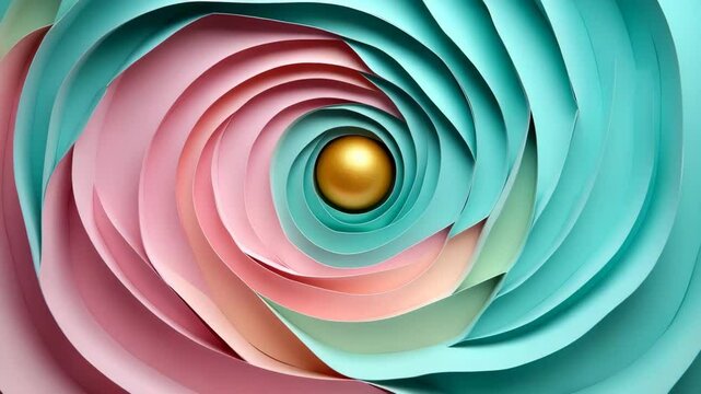 Abstract paper-cut labyrinth with pastel layers, fluid paths, soft shadows, and a golden orb nestled at the center of a spiraling pattern
