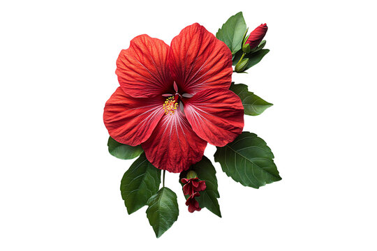 Bright red hibiscus flower with white striations and yellow stamen, accompanied by buds, isolated on a transparent background