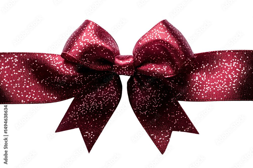 Poster burgundy satin ribbon bow with white sparkly pattern throughout, isolated on a transparent backgroun