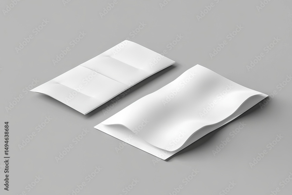 Poster blank brochures, both open and closed, are displayed on a grey background from a top view, serving a
