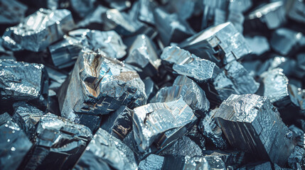 Raw cobalt ore chunks with metallic textures on dark industrial surface, mineral resources and mining industry concept for geology, metallurgy or heavy industry.
