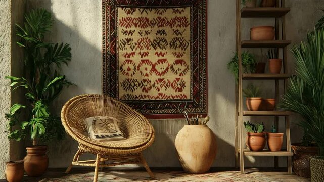 boho creative corner with rattan chair, patterned wall tapestry, terra cotta pots, wooden ladder shelves, and textured rug,