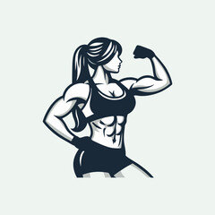 Obraz premium Minimal Line Art Style Bodybuilder Female Standing in Confident Pose Showing Muscles Athletic Fitness Model with Six Pack Abs Gym Concept Design for Sports Branding Poster Web Advertising Project