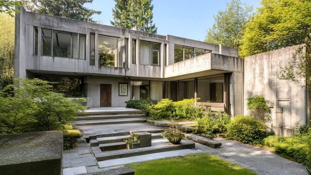 Brutalist concrete home with monolithic design, raw textures, sunken courtyard, and vertical slit windows