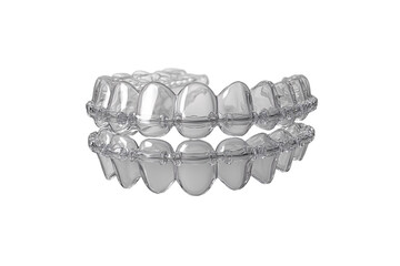 Clear plastic dental aligners showing upper and lower teeth straightening trays, isolated on a transparent background
