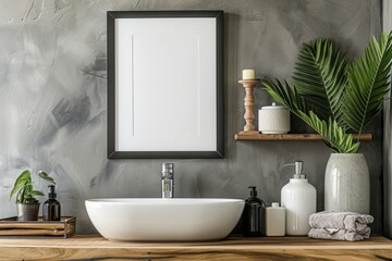 Fototapeta premium Modern Bathroom Decor with Plants, Accessories, and Minimalist Style